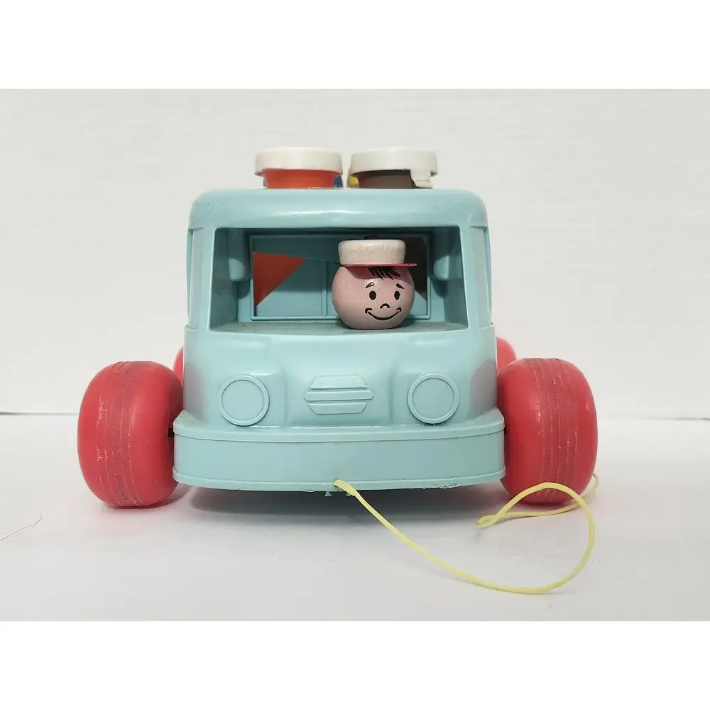 Vintage 1965 Fisher Price Milk Wagon Pull Toy 131 Bottles Lithos Driver